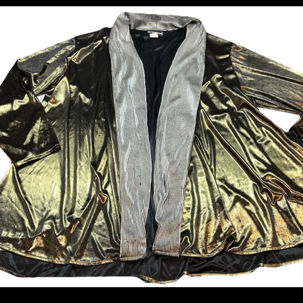 90s GOLD SHINY METALLIC Jacket Womens L SILVER OPEN Front Flowy dressy USA Party